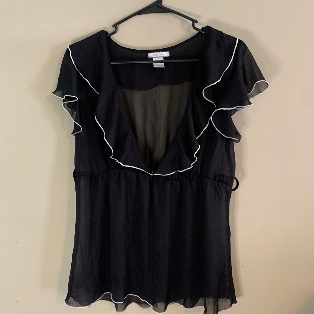 Black Ruffled Sheer Flutter Sleeve Blouse